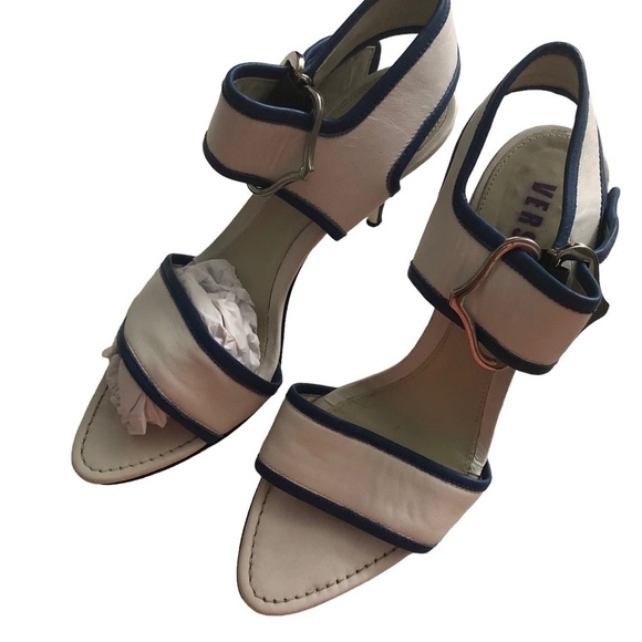 Versus Womens Sandal White Blue Leather Ankle Strap Buckle High Heel 10 Italy